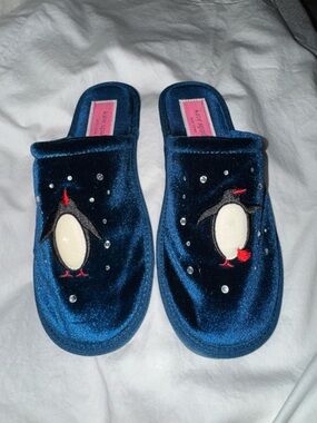 Kate Spade New York Jolie Penguin Velvet Slippers Blue Rhinestone